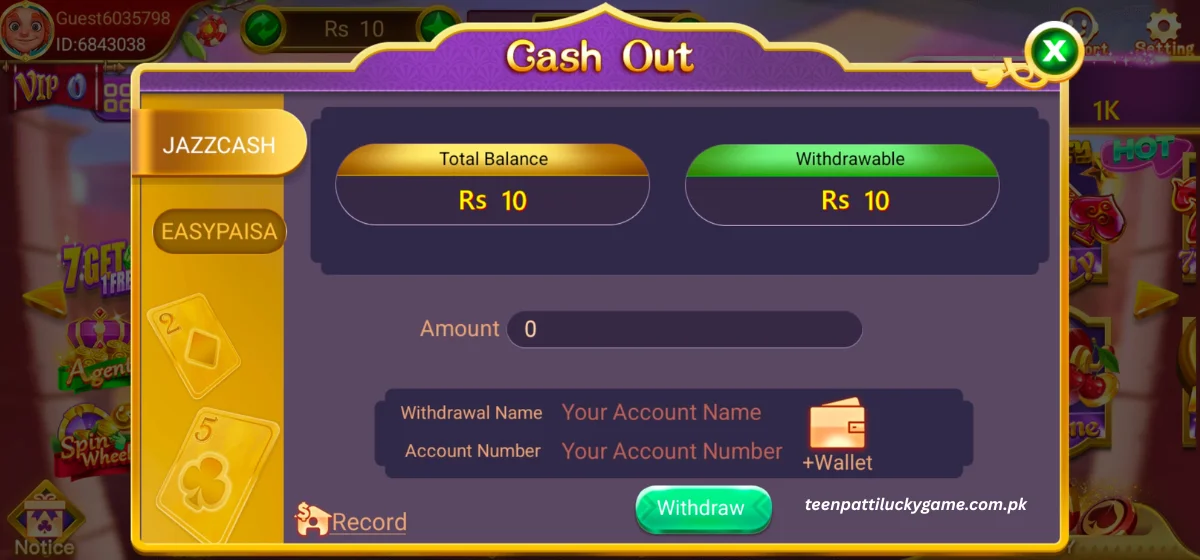 Teen Patti Lucky withdraw money screen for JazzCash and EasyPaisa